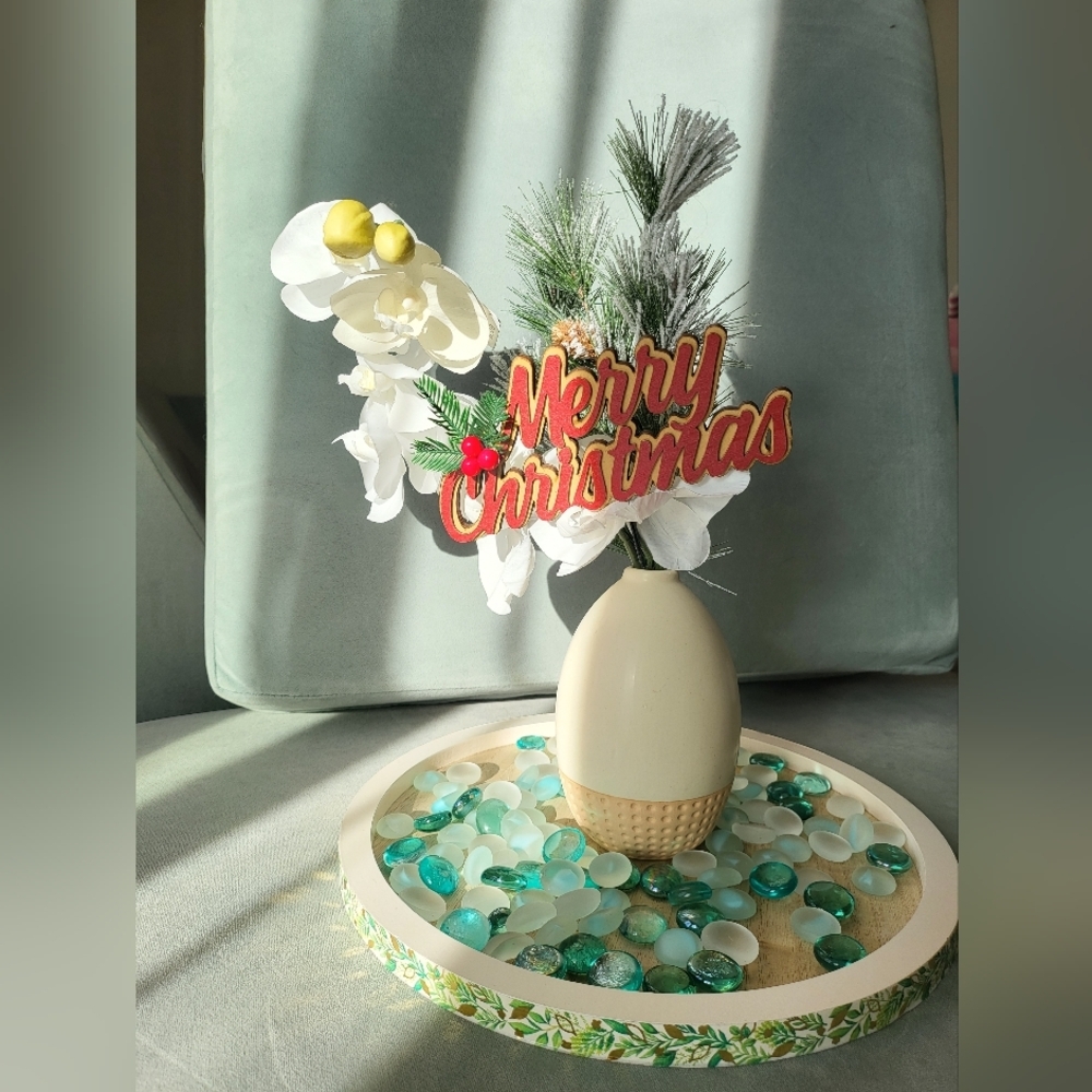 Centerpiece Set With Artificial Flower, Vase, Tray, Glass Pebbles